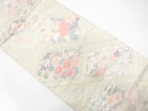 菱に菊・牡丹・萩模様織り出し　袋帯